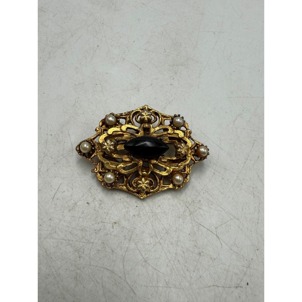 Vintage Gold Tone Filigree Brooch Faux Pearl Black Cabochon Victorian Style Pin